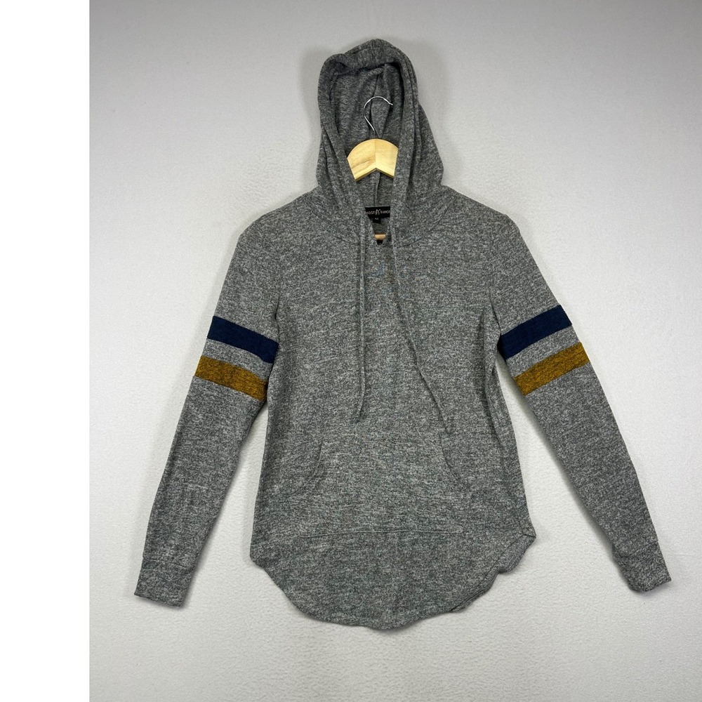 Sporty Varsity Almost Famous Womens Medium Gray Striped Knit Pullover Hoodie